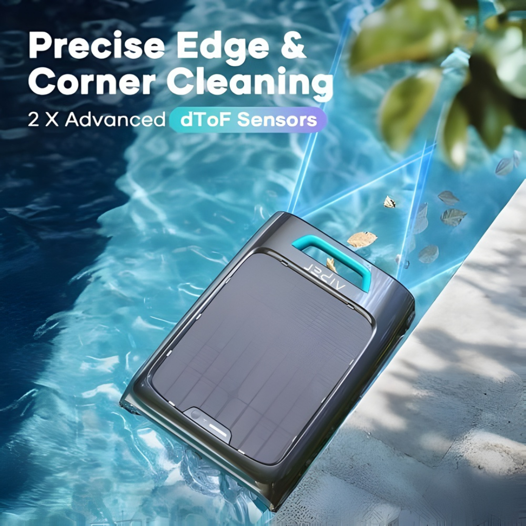 Infographic lifestyle top-down view of the Aiper Surfer S2 robotic pool skimmer navigating along the pool edge, highlighting precise edge and corner cleaning enabled by 2x advanced dToF sensors emitting blue scan beams to detect debris.