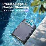 Infographic lifestyle top-down view of the Aiper Surfer S2 robotic pool skimmer navigating along the pool edge, highlighting precise edge and corner cleaning enabled by 2x advanced dToF sensors emitting blue scan beams to detect debris.
