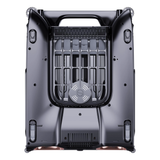 Direct bottom plan studio view of the Aiper Surfer S2 robotic pool skimmer on an isolated white background, detailing its central debris intake grid, integrated chlorine dispenser cap, corner guide wheels, and anti-stranding columns.