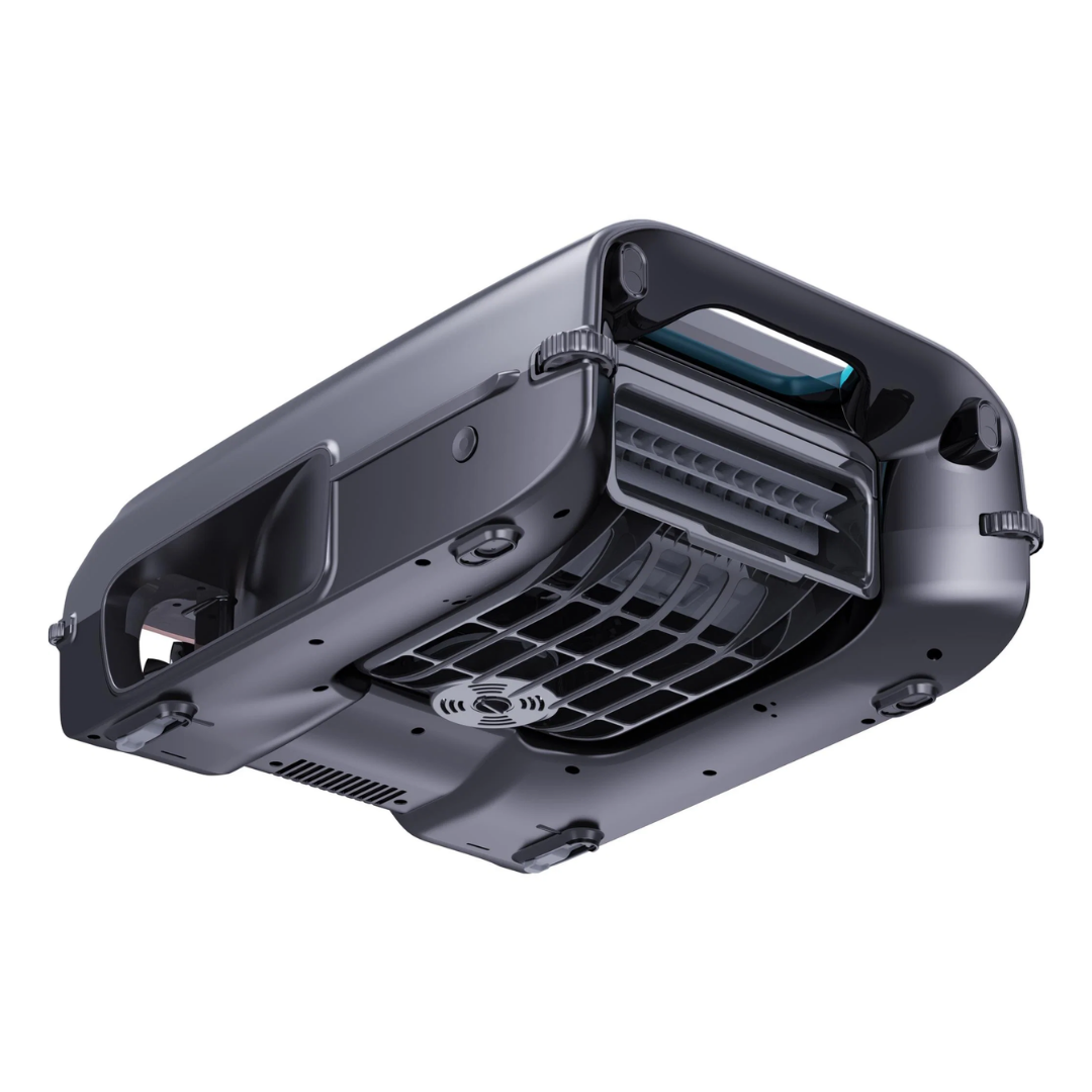 Studio product view of the Aiper Surfer S2 robotic pool skimmer from a low bottom angle on an isolated white background, showcasing its underside debris intake grid, central circular dispenser/sensor port, adjustable anti-stranding posts, and dark grey casing.