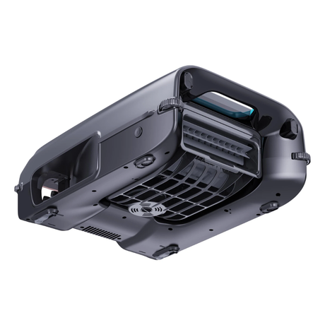 Studio product view of the Aiper Surfer S2 robotic pool skimmer from a low bottom angle on an isolated white background, showcasing its underside debris intake grid, central circular dispenser/sensor port, adjustable anti-stranding posts, and dark grey casing.
