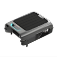 Studio product view of the Aiper Surfer S2 solar-powered robotic pool skimmer on an isolated white background, featuring its dark grey metallic body, teal accents, top solar panel, and front debris intake.