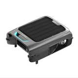 Studio product view of the Aiper Surfer S2 solar-powered robotic pool skimmer on an isolated white background, featuring its dark grey metallic body, teal accents, top solar panel, and front debris intake.