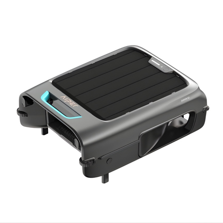 Studio product view of the Aiper Surfer S2 solar-powered robotic pool skimmer on an isolated white background, featuring its dark grey metallic body, teal accents, top solar panel, and front debris intake.