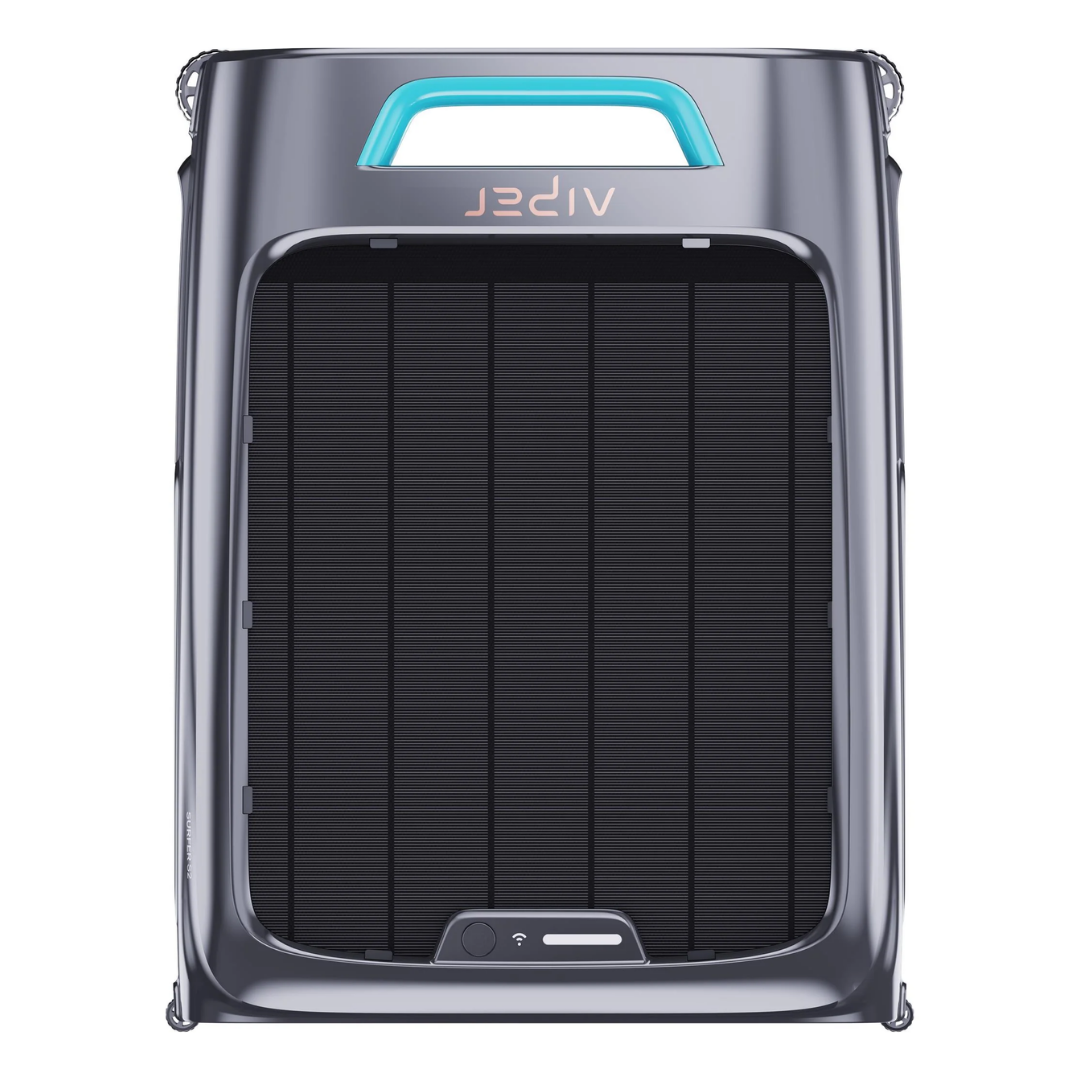 Top-down studio product view of the Aiper Surfer S2 robotic pool skimmer on an isolated white background, highlighting its expansive solar panel grid, teal front handle accent, Aiper branding, and power/Wi-Fi status indicator panel.