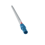 An adjustable aluminum telescopic pool pole handle extending from 4 to 8 feet, isolated on a white background. The image highlights a blue textured plastic locking cam collar, silver ribbed metal shaft, and a red product barcode label near the grip