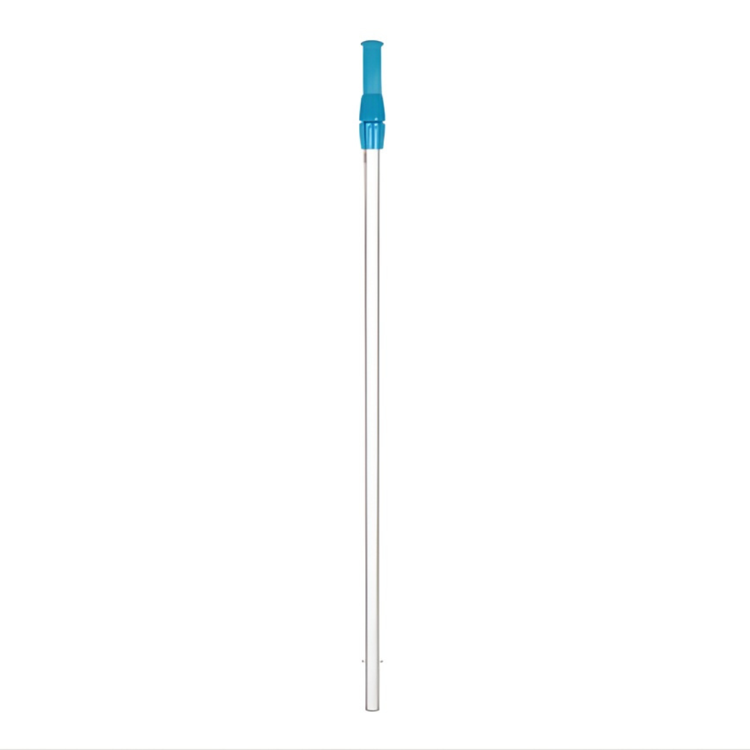 A vertical studio product shot of an adjustable aluminum telescopic pool pole designed to extend from 4 to 8 feet, isolated on a white background. The long, silver ribbed metal shaft features a blue plastic locking collar and handle grip at the top, with attachment pins visible at the base.