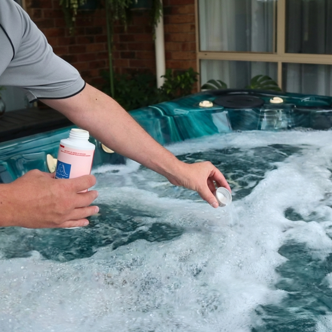 pouring a measured capful of Foam Go spa defoamer into spa to instantly break down surface bubbles