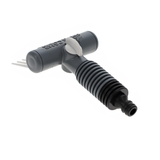 Rear view of the gray Aqua Comb cartridge filter cleaning tool isolated on a white background, highlighting the ribbed ergonomic handle, a quick-connect garden hose adapter base, and a white top-mounted water flow control switch.