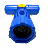 A close-up, bottom-angle studio shot of a blue and yellow Aqua Comb filter cleaning tool isolated on a white background, looking directly into the threaded female garden hose connection opening featuring an internal black rubber washer and a silver wire mesh screen filter.
