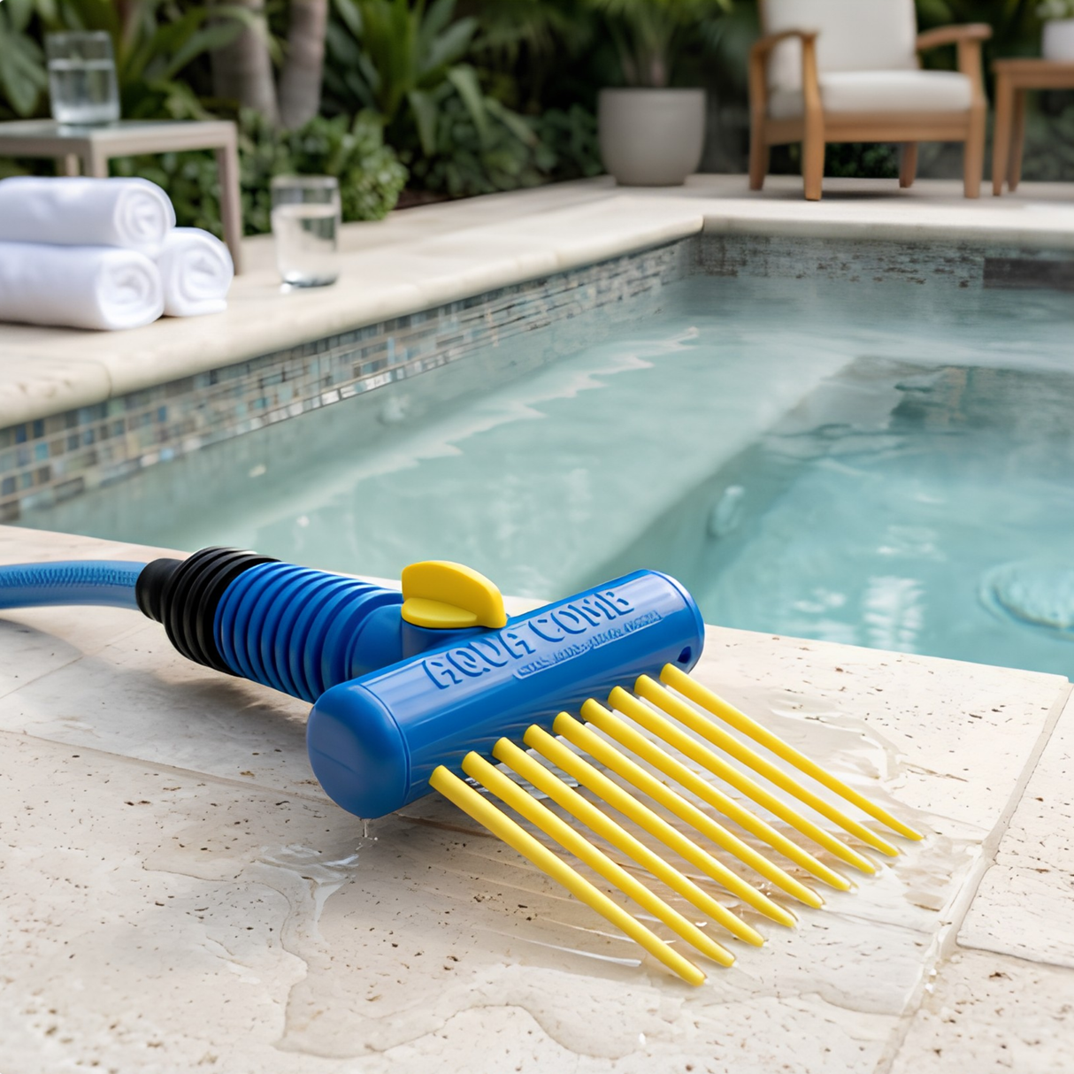 A blue and yellow Aqua Comb filter cleaning tool attached to a blue garden hose, resting on a wet stone poolside deck next to a backyard swimming pool with white towels in the background.