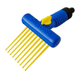 A blue and yellow Aqua Comb cartridge filter cleaning tool isolated on a white background, featuring long yellow comb prongs and a hose attachment handle for deep cleaning pool and spa filters.