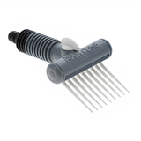 An angled product view of the gray and white Aqua Comb cartridge filter cleaning tool isolated on a white background, highlighting its long white tines, a white water valve dial, and a black-tipped ribbed garden hose adapter handle.