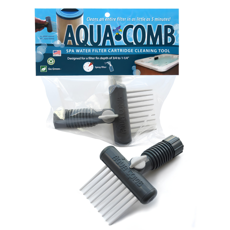 E-commerce product display of the Aqua Comb Spa Water Filter Cartridge Cleaning Tool, showing one tool sealed in a plastic bag with a blue retail header card and a second unboxed gray comb tool below it, isolated on a white background. The packaging reads Cleans an entire filter in as little as 5 minutes!
