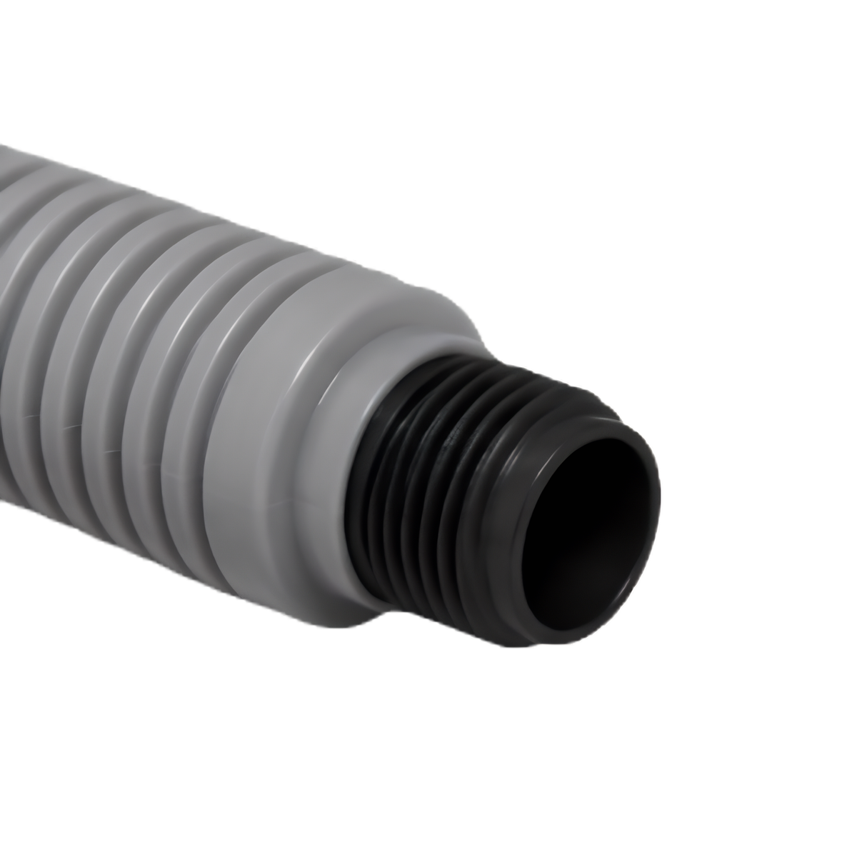 A detailed close-up studio shot of the bottom connector of a gray Aqua Comb tool, highlighting the black fine-threaded plastic garden hose coupling adapter and the adjacent grey corrugated grip handle, isolated on a white background.