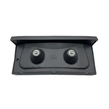 Rear view of a replacement charcoal grey Artesian Elite lounge spa headrest pillow showing two mounting pins, model markings, and the Extralight branding logo against a white background.