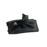 Side perspective view of the reverse side of a charcoal black replacement neck headrest pillow for an Artesian Elite spa, highlighting the molded structural backing and grey snap-in plastic fastener pin against a white background.