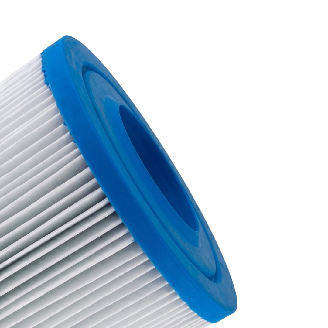 Close-up angled view of a 50 Sq Ft replacement filter cartridge for Artesian and South Seas Dyno Flo spas highlighting the blue open end cap lip and white pleated media fabric