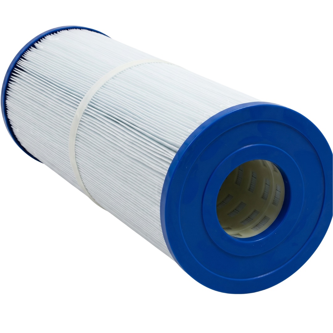 Angled close-up view of a 50 Sq Ft replacement filter cartridge for Artesian and South Seas Dyno Flo spas highlighting the blue open end cap and inner support grid