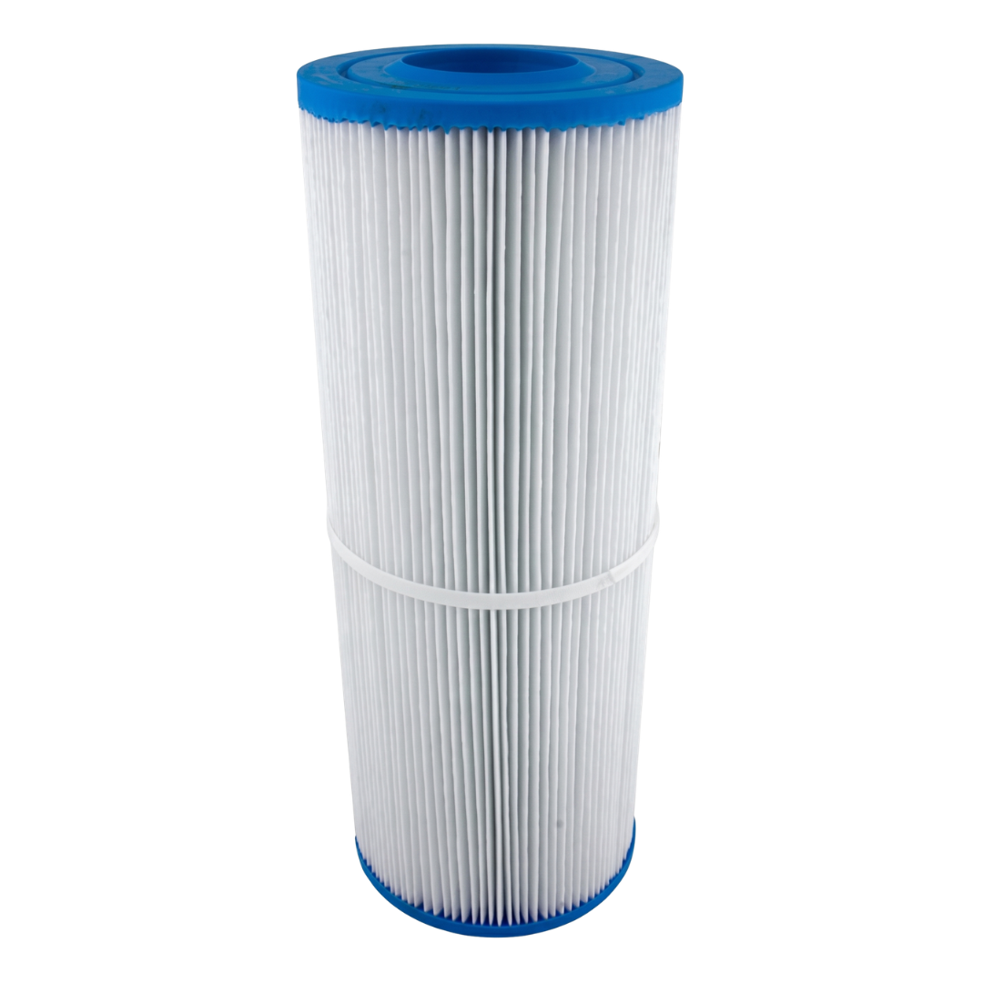Slightly elevated front view of a 50 Sq Ft replacement filter cartridge for Artesian and South Seas Dyno Flo spas showing the blue open top cap and a central support band