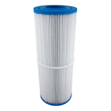 Slightly elevated front view of a 50 Sq Ft replacement filter cartridge for Artesian and South Seas Dyno Flo spas showing the blue open top cap and a central support band