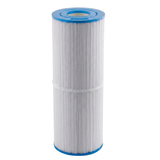Full standing front profile view of a 50 Sq Ft replacement filter cartridge for Artesian and South Seas Dyno Flo spas showing the blue open top end cap and a white center pleat support band