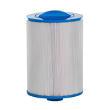 A cylindrical washable Artesian Spa filter cartridge showing white pleated filter media with a blue top handle cap and bottom thread.