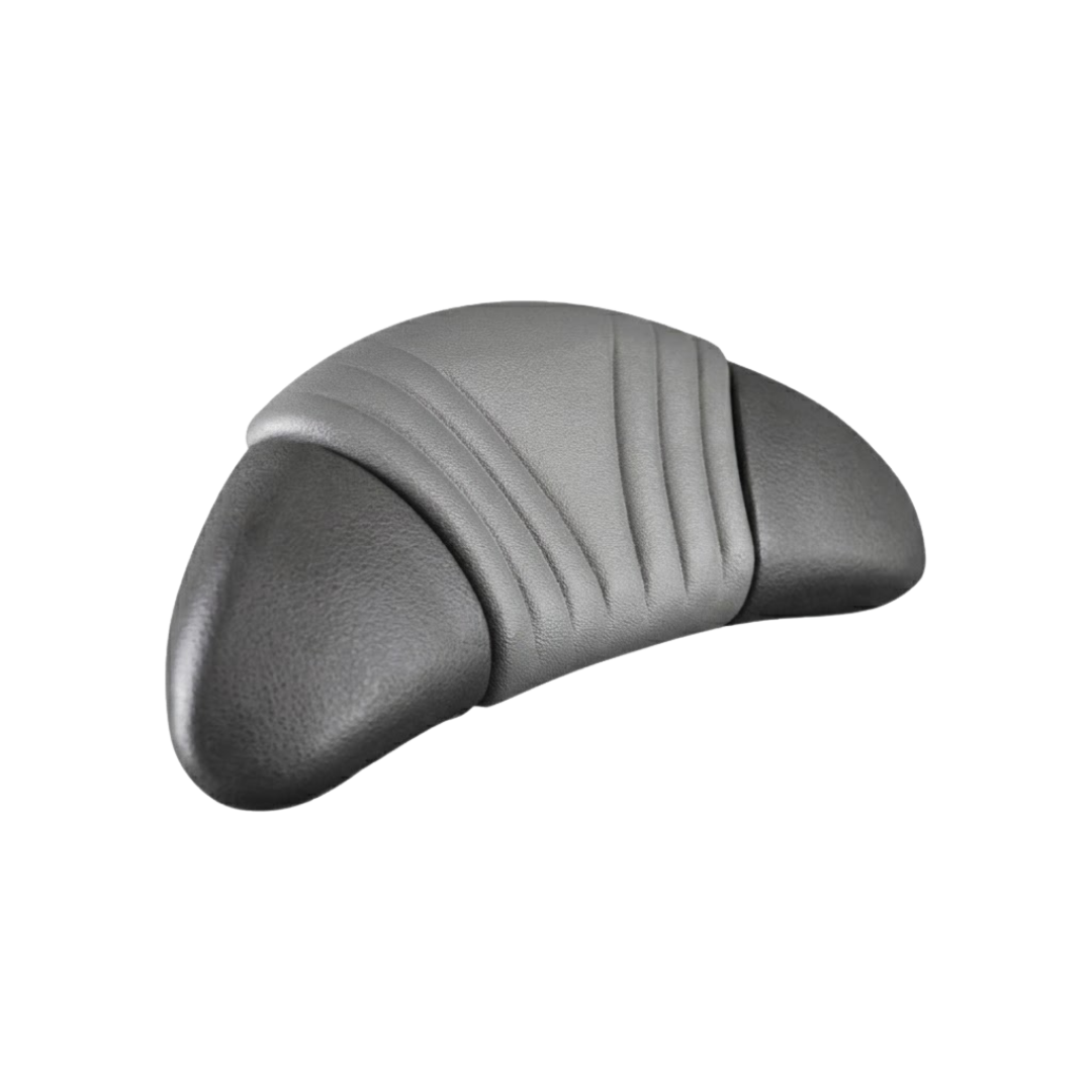 Angled front view of an Artesian Spas Island Lounge charcoal grey replacement spa pillow, highlighting the textured finish, two-tone color design, and curved ergonomic shape.