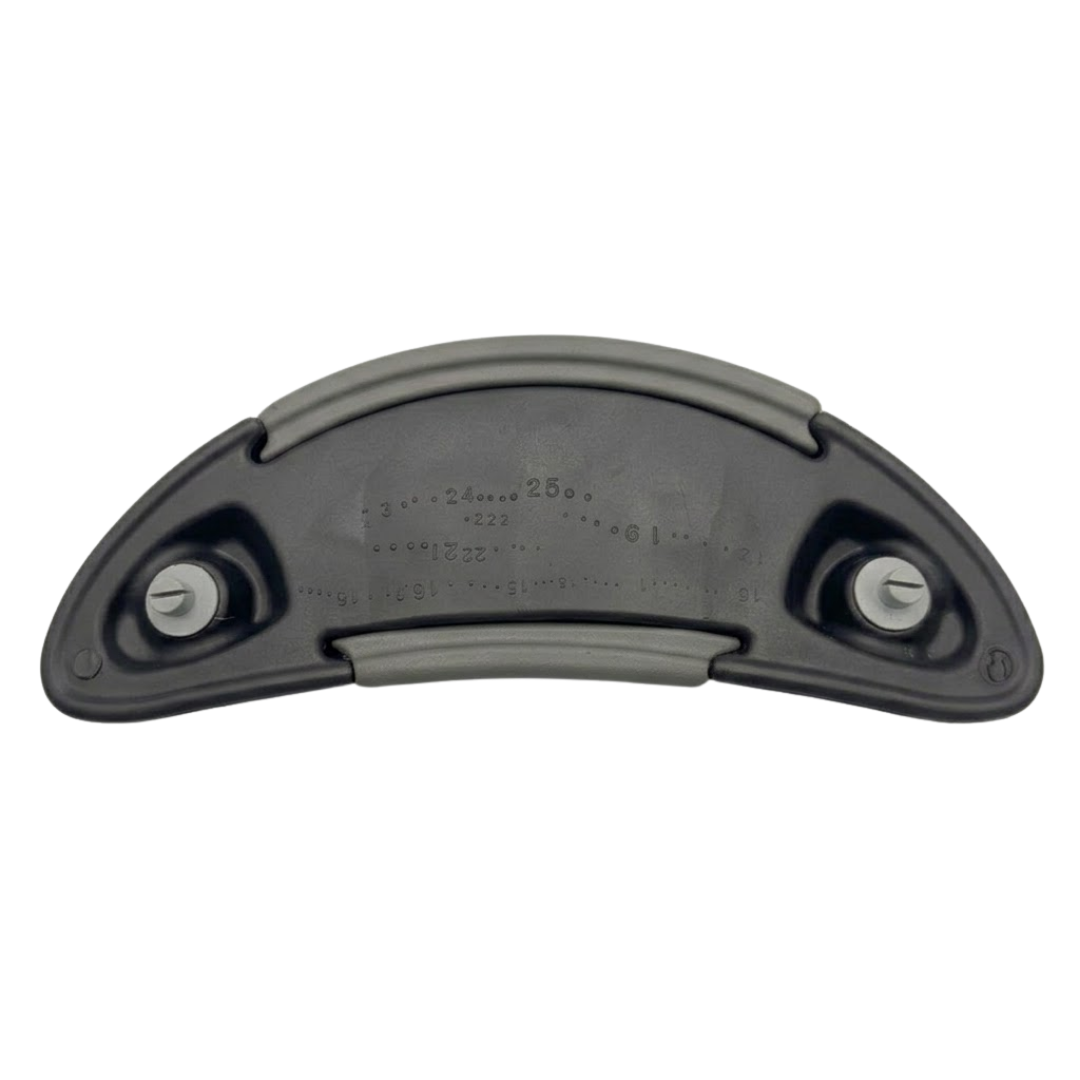 Rear view of an Artesian Spas Island Lounge charcoal grey hot tub headrest pillow showing the mounting pins, plastic backing, and embossed part numbers for replacement part identification.