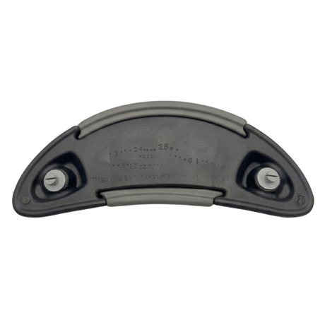 Rear view of an Artesian Spas Island Lounge charcoal grey hot tub headrest pillow showing the mounting pins, plastic backing, and embossed part numbers for replacement part identification.