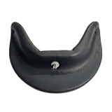 Rear view of an Artesian Spas Island series neck collar charcoal grey replacement hot tub pillow showing the single center mounting pin and embossed part numbers on the black plastic backing.
