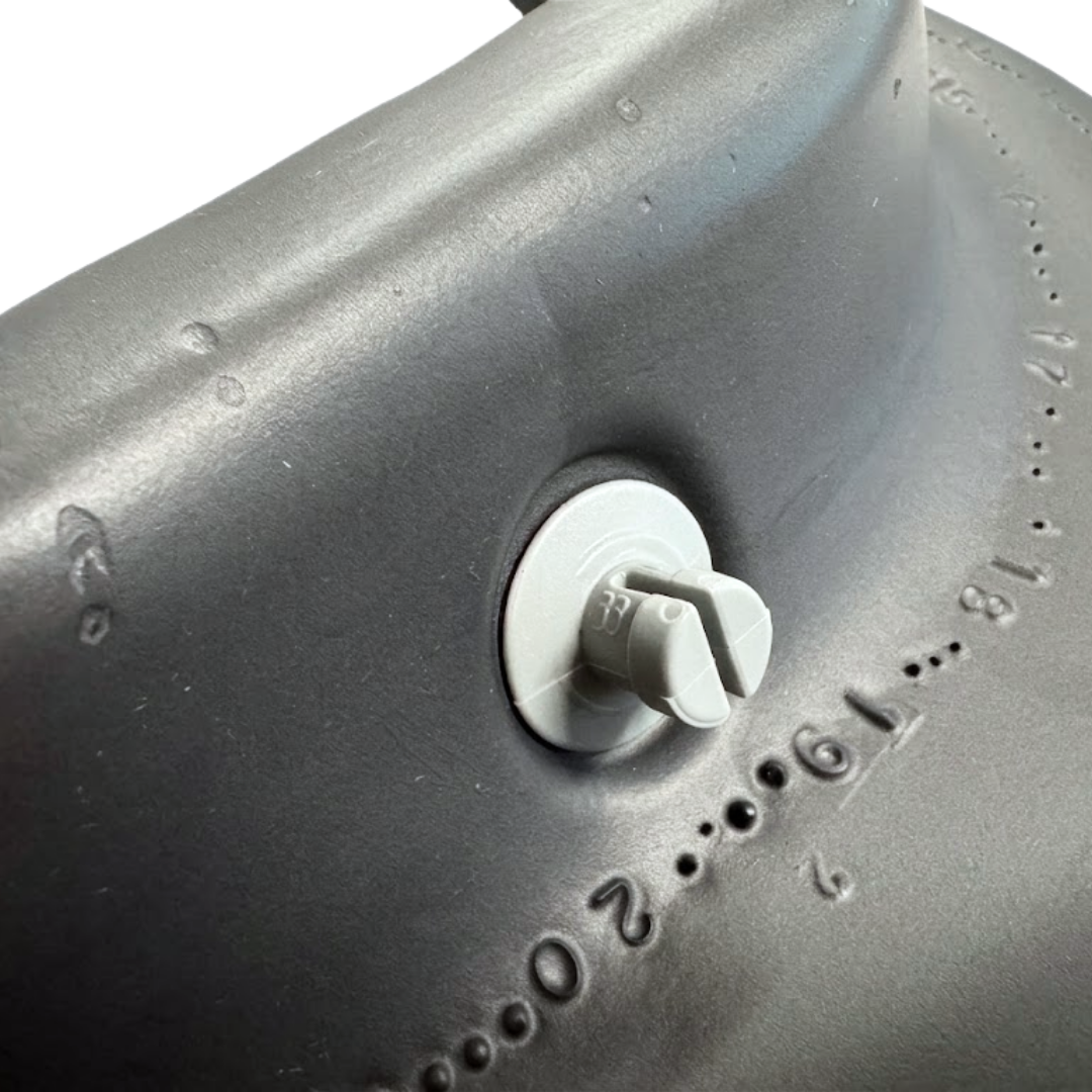 Close-up of the light grey plastic replacement mounting pin peg on the back of an Artesian Spas Island series neck collar charcoal grey hot tub pillow.