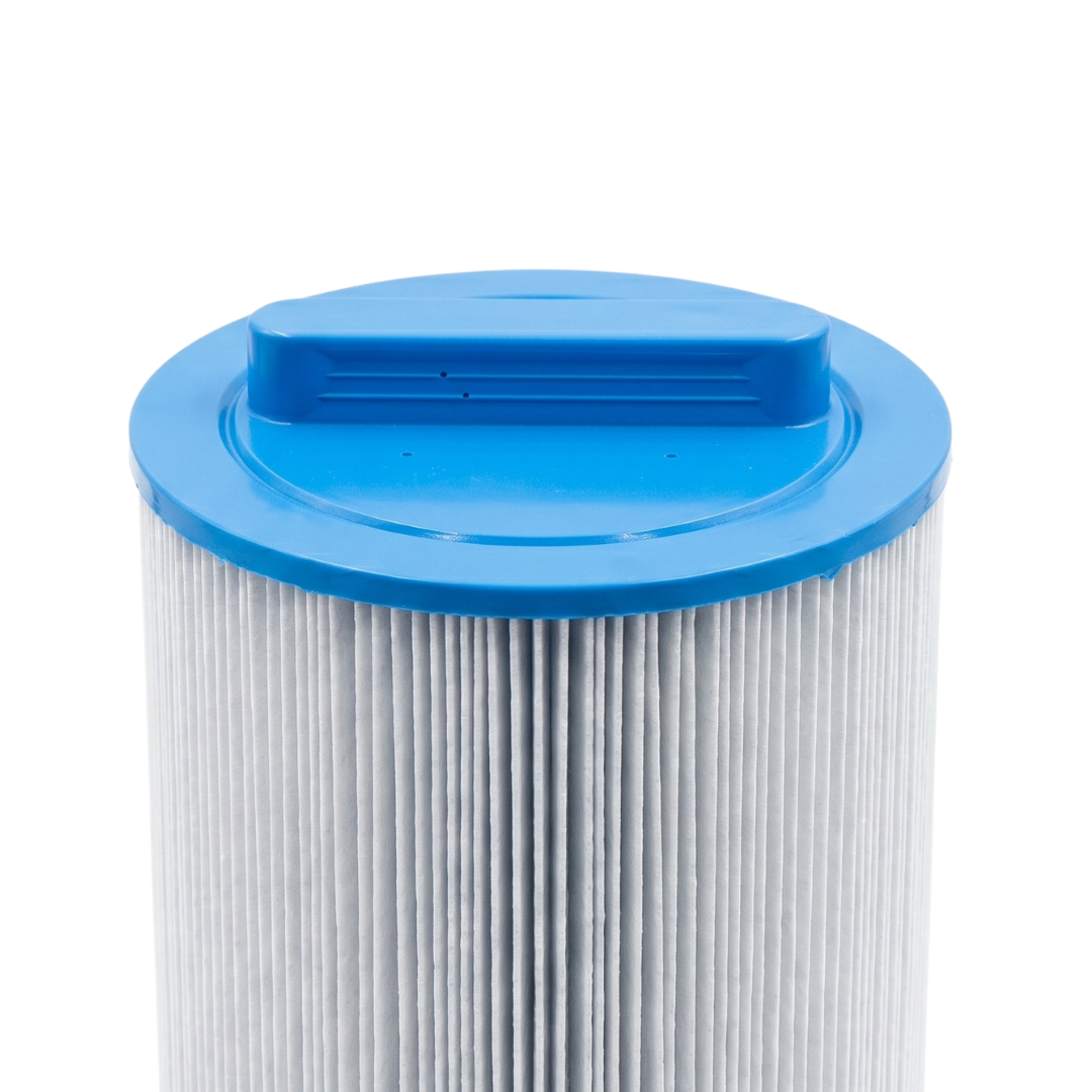 Front close-up view of the solid blue end cap featuring a molded bar handle on a 75 Sq Ft replacement filter cartridge for Artesian Island Spas