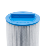 Front close-up view of the solid blue end cap featuring a molded bar handle on a 75 Sq Ft replacement filter cartridge for Artesian Island Spas