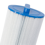 Angled close-up view of a 75 Sq Ft replacement filter cartridge for Artesian Island Spas showing the solid blue top end cap with a molded bar handle