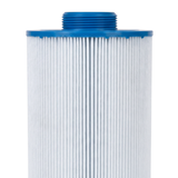 Straight close-up view of the blue end cap with a raised male threaded connection fitting on a 75 Sq Ft replacement filter cartridge for Artesian Island Spas