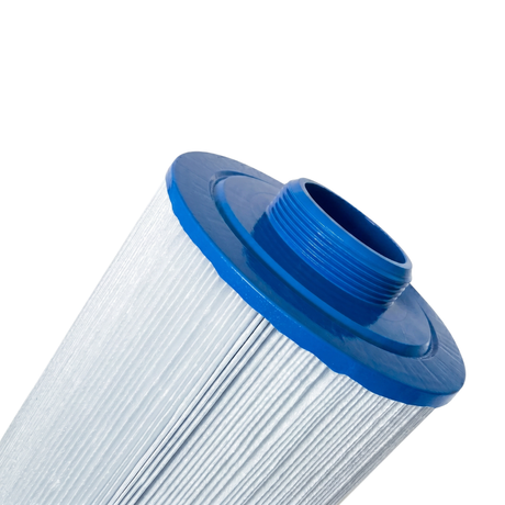 Close-up angled view of a 75 Sq Ft replacement filter cartridge for Artesian Island Spas highlighting the blue bottom end cap with a male threaded connection fitting