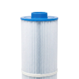 Front profile close-up of a 75 Sq Ft replacement filter cartridge for Artesian Island Spas showing the blue end cap with a raised male threaded connector and a white support band
