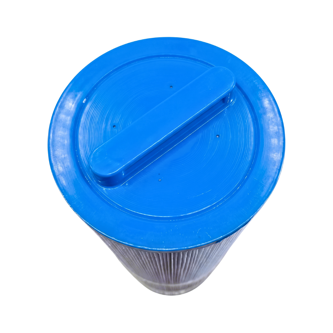 Direct overhead view of a 75 Sq Ft replacement filter cartridge for Artesian Island Spas showcasing the blue solid top end cap with a built-in molded bar handle