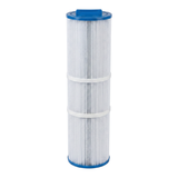 Full standing front profile view of a 75 Sq Ft replacement filter cartridge for Artesian Island Spas showing a blue molded top handle and two white center support bands