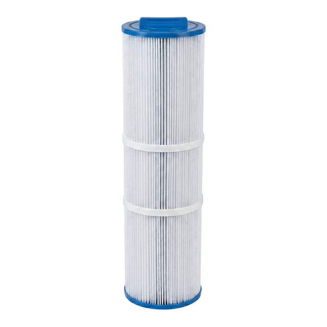 Full standing front profile view of a 75 Sq Ft replacement filter cartridge for Artesian Island Spas showing a blue molded top handle and two white center support bands