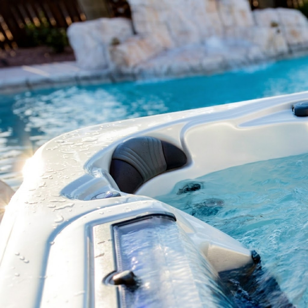 Close-up view of an Artesian Spas Island Lounge charcoal grey headrest pillow installed in a backyard hot tub adjacent to a swimming pool with a rock waterfall feature.