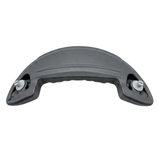 Rear view of an Artesian Spas Island series charcoal grey replacement waterfall headrest pillow showing the two plastic mounting pins, cut-out bridge shape, and part number markings on the back.