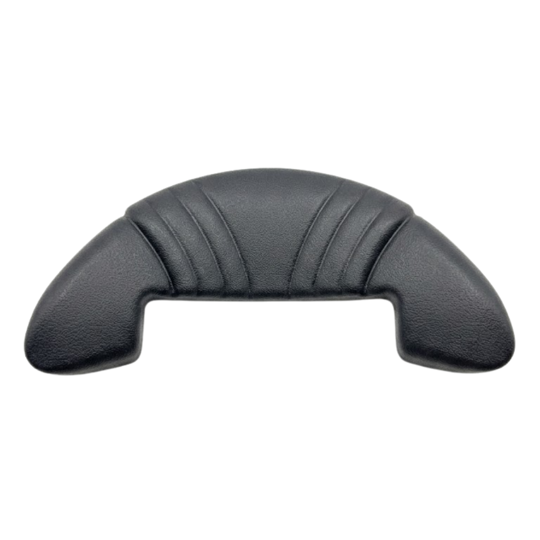 Front view of an Artesian Spas Island series charcoal grey replacement waterfall headrest pillow featuring a cut-out design bottom to accommodate a waterfall feature and a ribbed center pattern against a white background.
