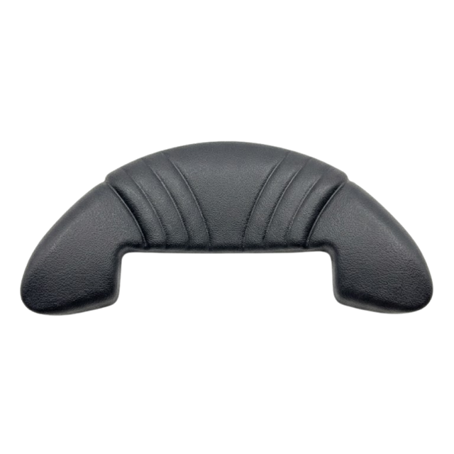 Front view of an Artesian Spas Island series charcoal grey replacement waterfall headrest pillow featuring a cut-out design bottom to accommodate a waterfall feature and a ribbed center pattern against a white background.