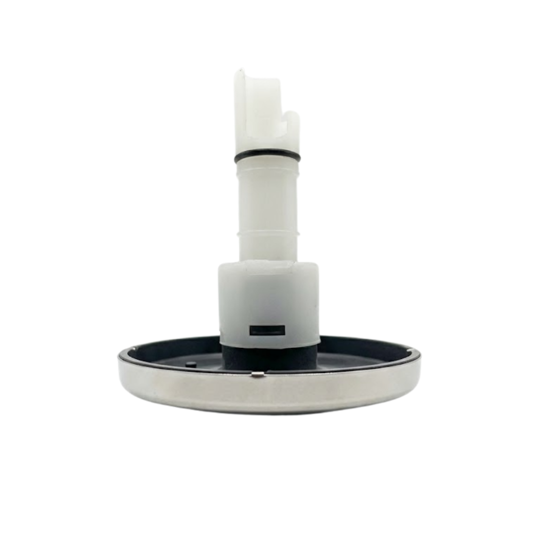 Profile view of the body housing and stem assembly on an Artesian C-Helix 2.75 SS spa jet insert, showing the polished stainless steel face plate rim, dark grey lower collar, white main housing, and extended white stem with a black O-ring.