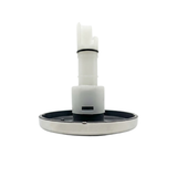 Profile view of the body housing and stem assembly on an Artesian C-Helix 2.75 SS spa jet insert, showing the polished stainless steel face plate rim, dark grey lower collar, white main housing, and extended white stem with a black O-ring.