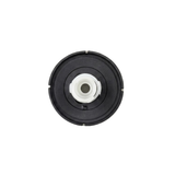 Direct overhead bottom-up view of the rear assembly on an Artesian C-Helix 2.75 SS spa jet insert, showing the dark grey back flange ring and central white plastic stem.