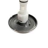 Close-up angled view of the rear face flange housing on an Artesian C-Helix 2.75 SS spa jet insert, showing the dark grey back flange plate, small indexing pin, and white body stem with black O-ring.