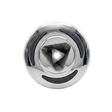 Direct overhead front view of an Artesian C-Helix 2.75 SS spa jet insert, featuring a polished stainless steel bezel with three curved dark grip accents and a central triangular orifice opening.